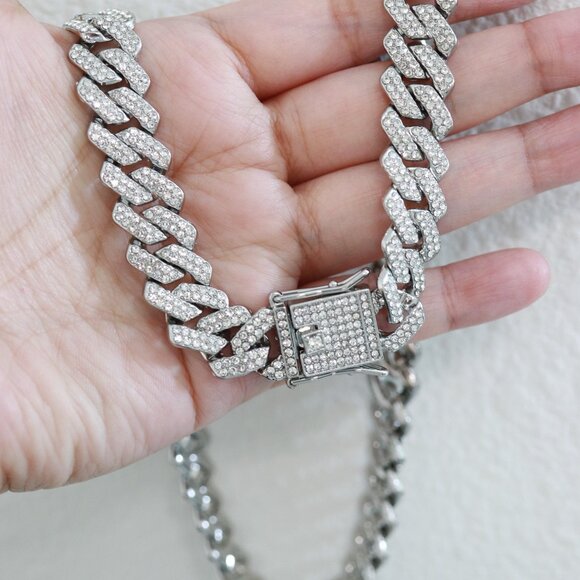 14mm 20inches Cuban Ice Curb Diamond Chain Silver Plated Necklace with Rhineston - Picture 4 of 4